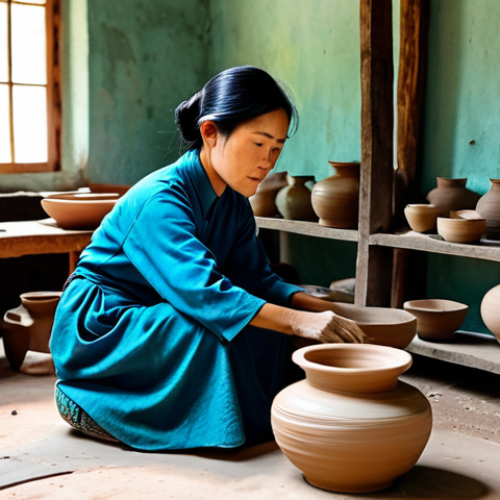 Home 14 **
"A fully clothed Vietnamese potter, wearing modest traditional clothing, working at a pottery wheel in a rural village workshop, surrounded by finished pottery pieces, safe for work, appropriate content, perfect anatomy, natural proportions, professional photography, family-friendly."
**