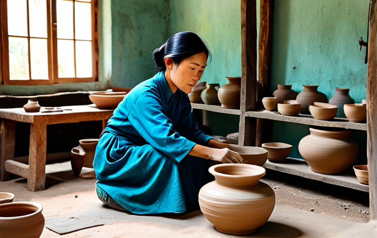 **

"A fully clothed Vietnamese potter, wearing modest traditional clothing, working at a pottery wheel in a rural village workshop, surrounded by finished pottery pieces, safe for work, appropriate content, perfect anatomy, natural proportions, professional photography, family-friendly."

**