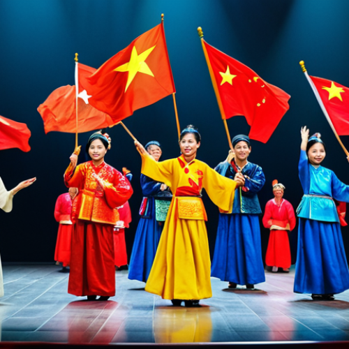 Home 9 **
"A vibrant scene depicting a Vietnamese and Chinese cultural exchange event, fully clothed participants engaging in traditional dance and music, both countries' flags subtly displayed, appropriate attire, safe for work, professional photography, perfect anatomy, natural proportions, high quality, modest clothing."
**