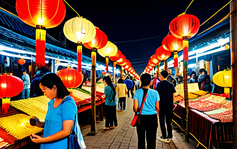 베트남 호이안 야시장 - A bustling Hoi An night market scene, fully clothed tourists browsing handcrafted silk scarves and b...
