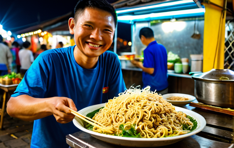 베트남 호이안 야시장 - A bustling Hoi An night market scene, fully clothed tourists browsing handcrafted silk scarves and b...