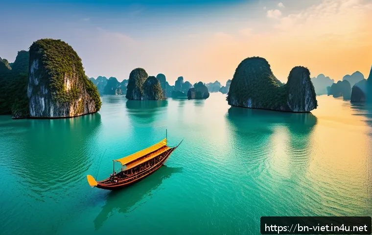 베트남 하롱베이 유네스코 - A breathtaking panoramic view of Ha Long Bay&rsquo;s unique limestone karst islands scattered across calm ...