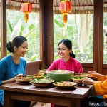 Home 19 베트남과 한국의 문화 차이 - A warm Vietnamese family scene set in a traditional home, showing a diverse group of people respectf...