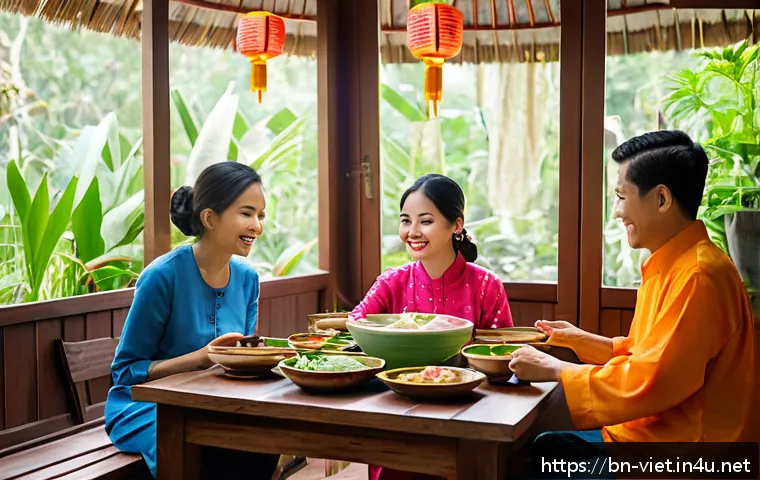 베트남과 한국의 문화 차이 - A warm Vietnamese family scene set in a traditional home, showing a diverse group of people respectf...