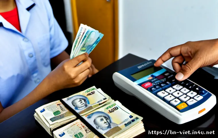 베트남 여행 시 환전 팁 - Photorealistic travel finance scene in a bright, reputable Vietnamese currency exchange office, a Be...