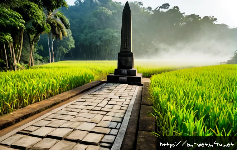 베트남 반푸 전투 유적지 - Photorealistic wide-angle view of a Vietnamese battlefield heritage site at Ban Phu, weathered stone...