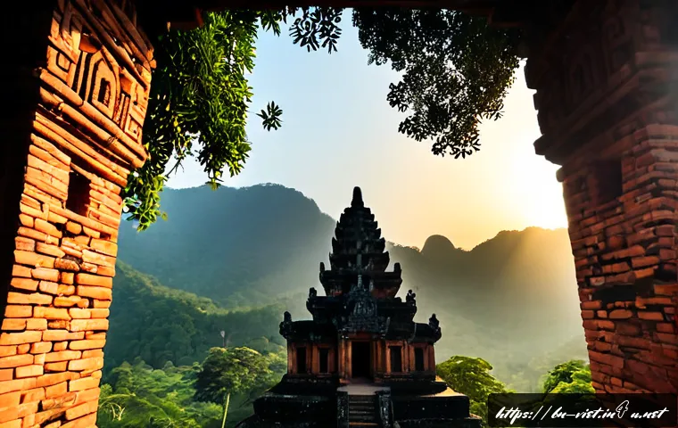 베트남 고대 참파 왕국 - Photorealistic sunrise view of ancient Champa temple towers in central Vietnam, weathered red brick ...