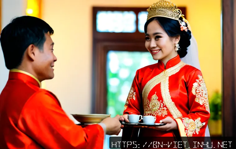 Home 17 베트남 전통 결혼 문화 - Photorealistic Vietnamese traditional wedding ceremony inside a warmly lit family home, bride wearin...