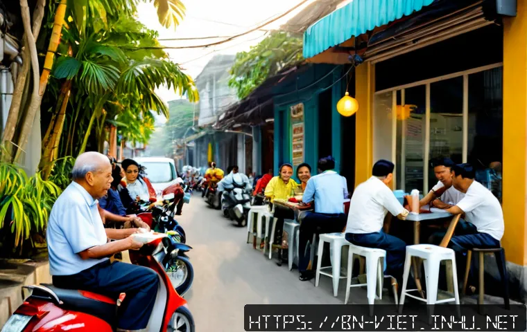 베트남 로컬 카페 문화 - Photorealistic Vietnamese local café on a quiet morning street, elderly men and young office workers...